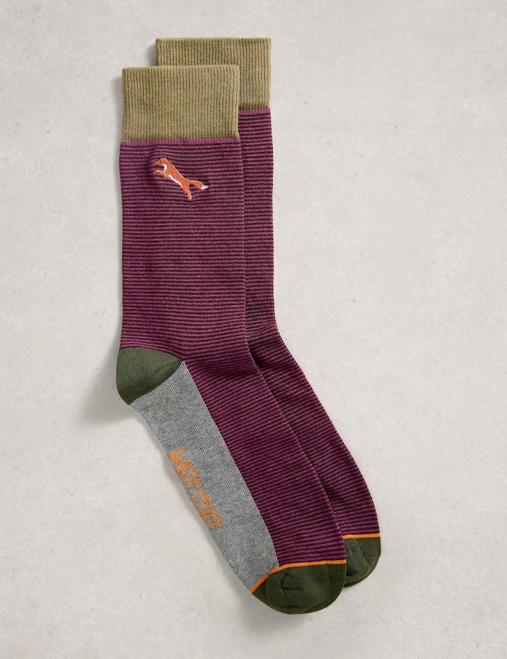 White Stuff Striped Fox Embroidered Cotton Rich Socks Purple Mix