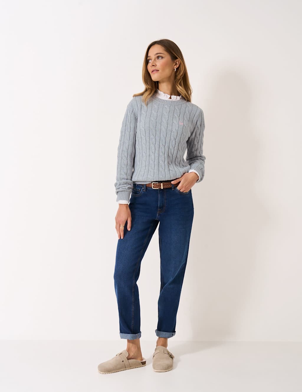 Crew Clothing Cotton Rich Cable Knit Crew Neck Jumper Grey Marl