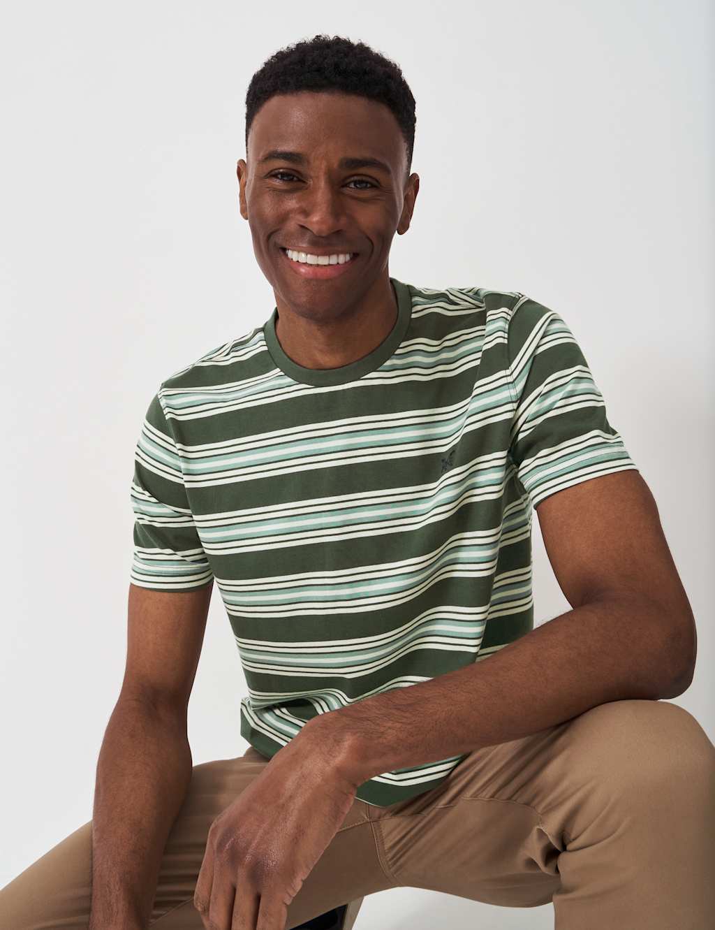 Crew Clothing Pure Cotton Striped T-Shirt Green Mix