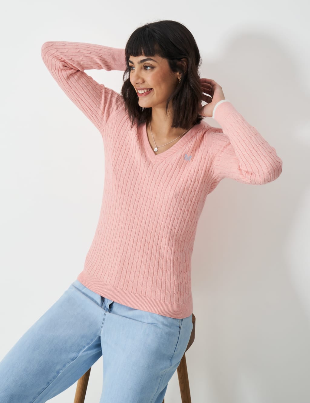 Cotton Rich Cable Knit V-Neck Jumper