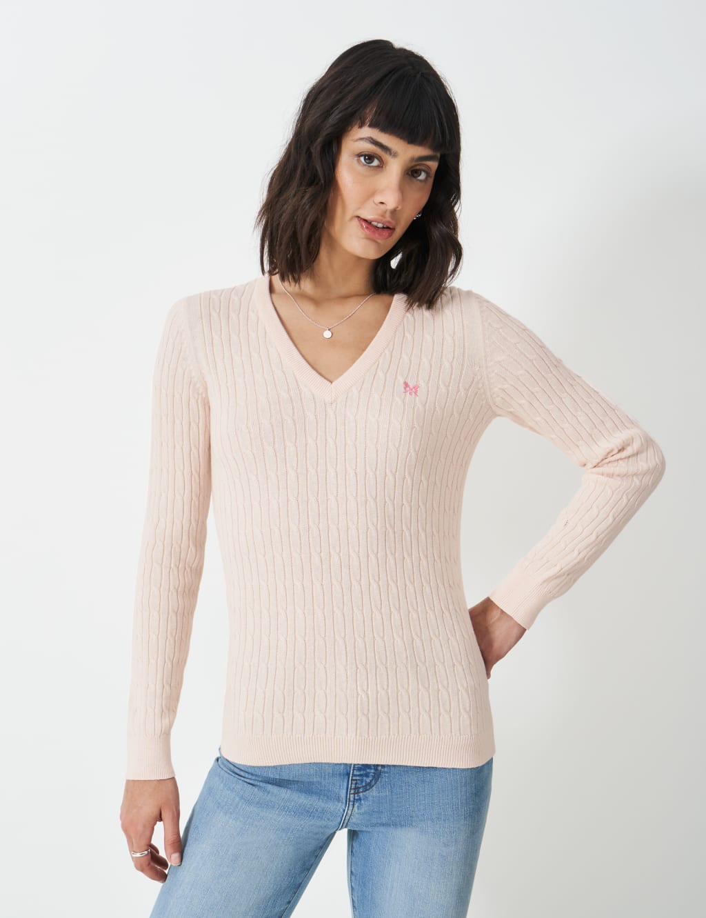 Cotton Rich Cable Knit V-Neck Jumper