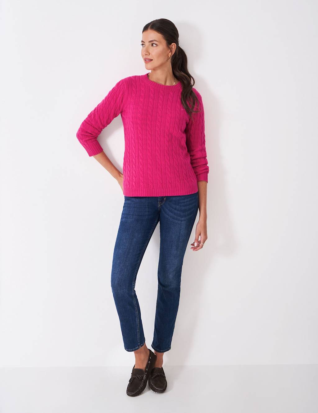 Crew Clothing Merino Wool Rich Cable Knit Jumper Light Pink
