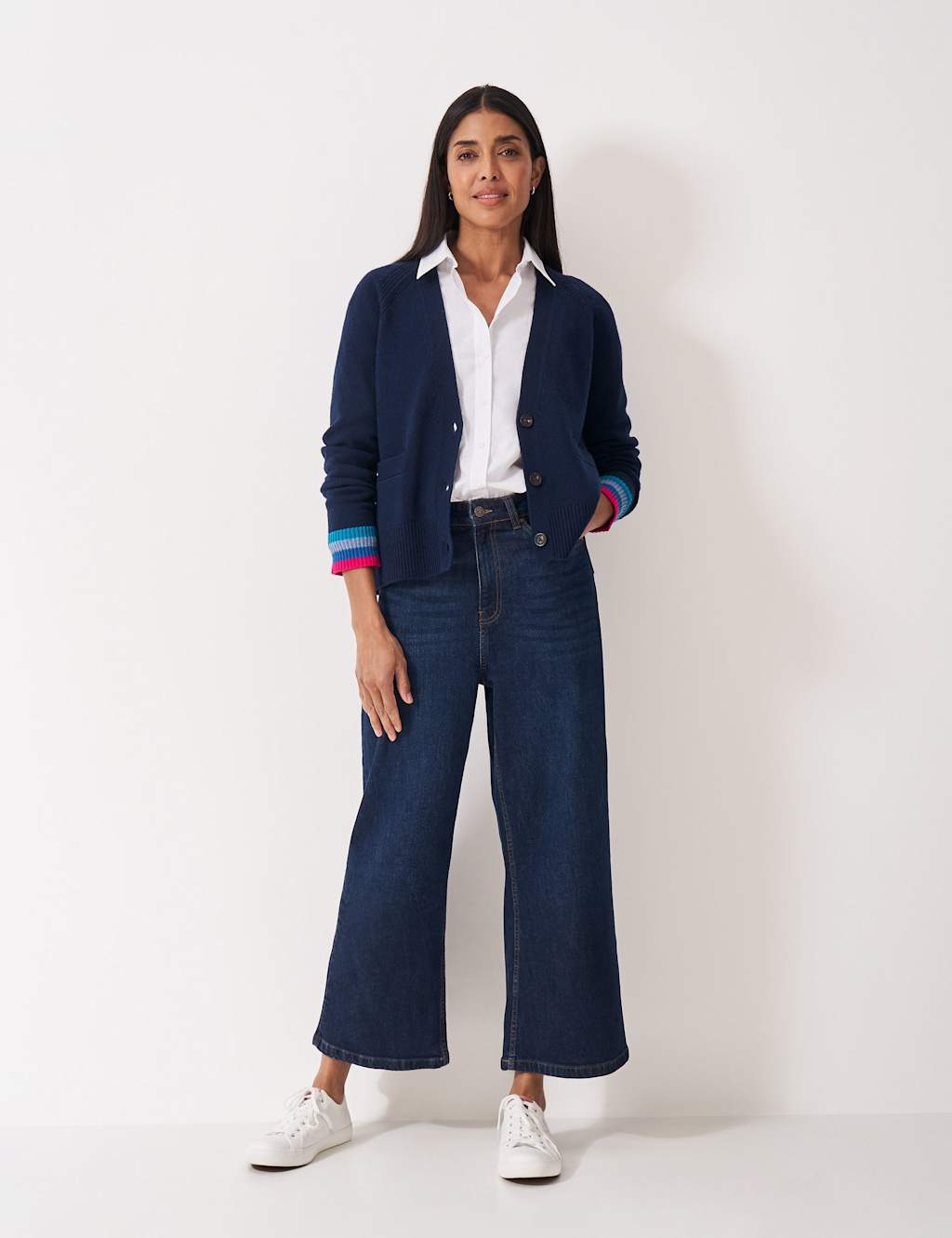 Crew Clothing Merino Wool Rich Striped Detail Cardigan Navy