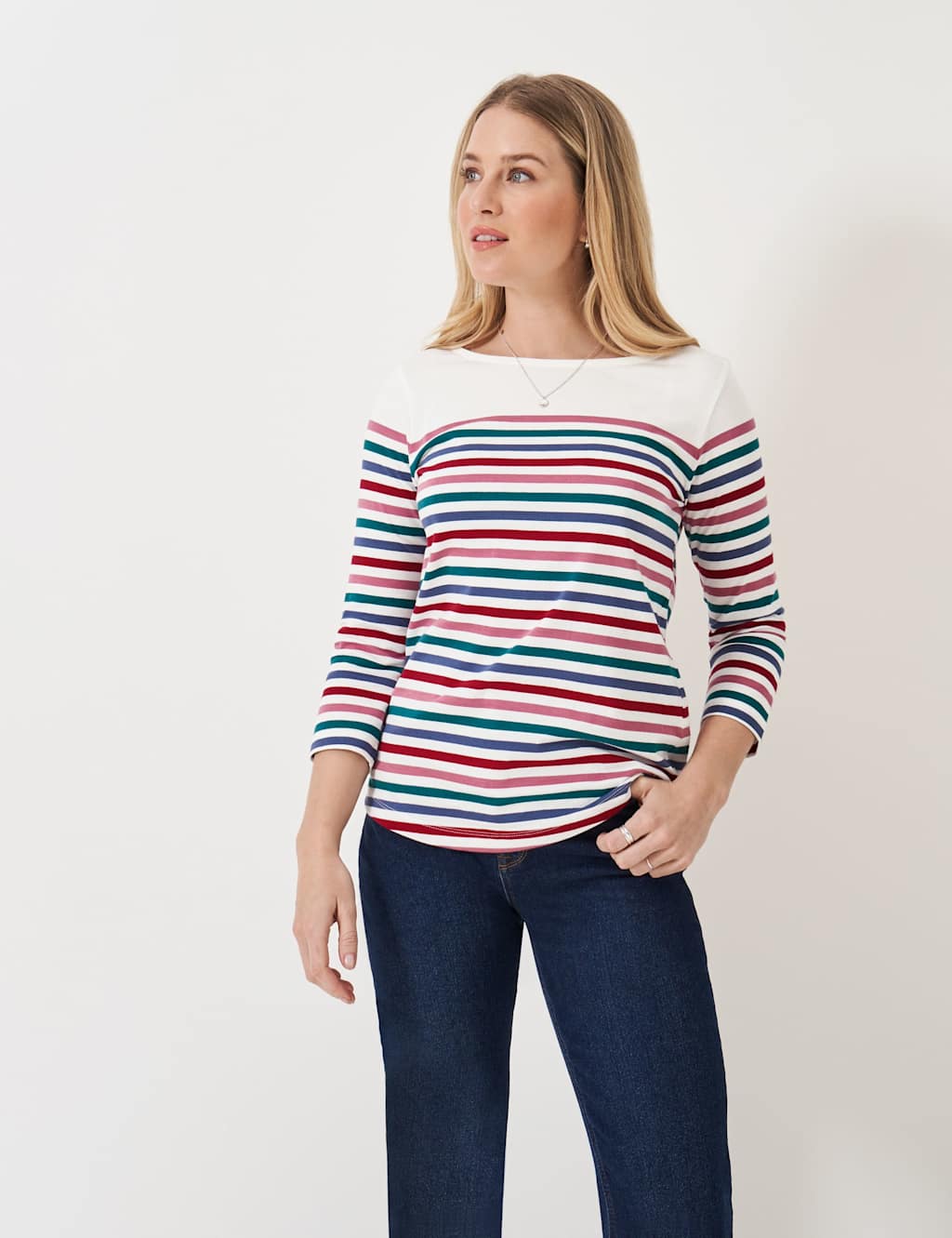 Crew Clothing Pure Cotton Striped Slash Neck Top Multi