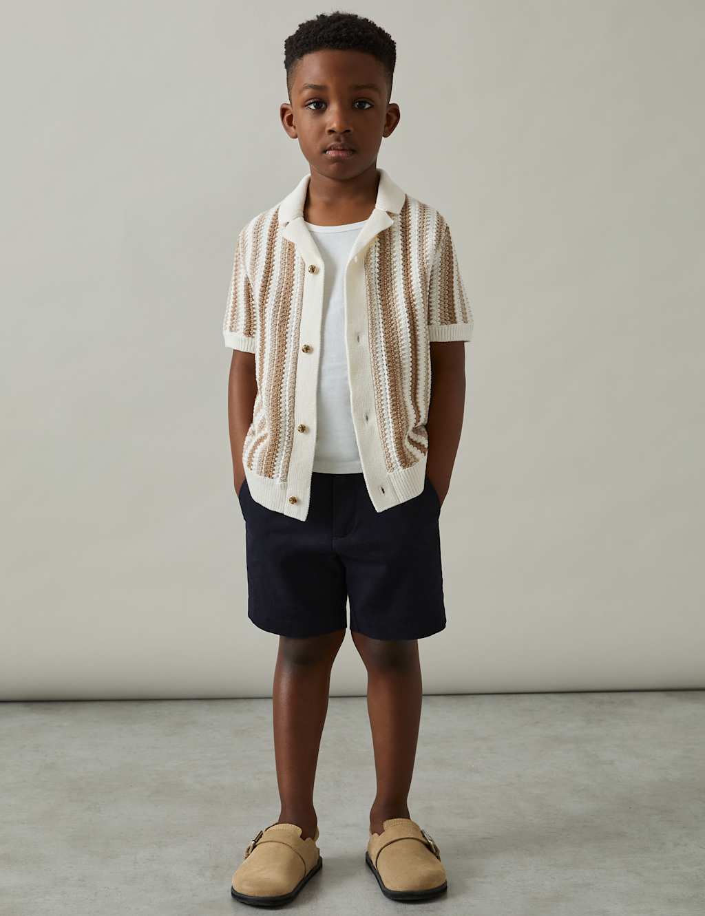 Reiss Boys Pure Cotton Striped Knitted Shirt (3-14 Yrs) - 10-11 - Natural Mix, Natural Mix
