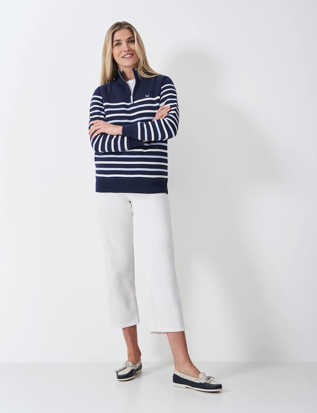 Crew Clothing Cotton Rich Striped Half Zip Sweatshirt Navy