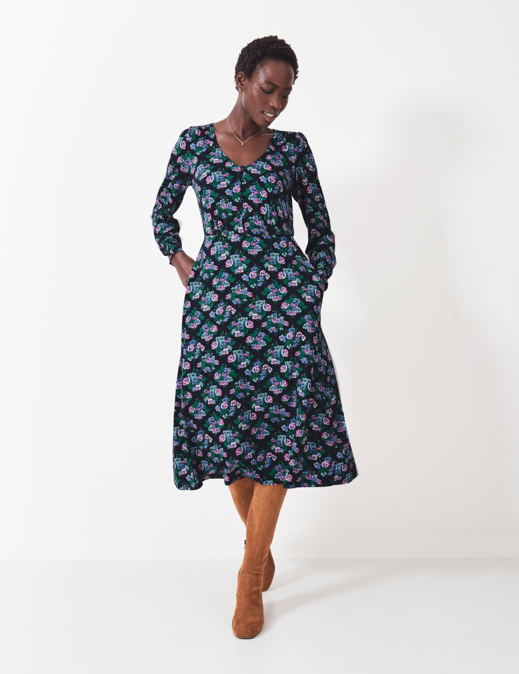 Jersey Floral V-Neck Midi Tea Dress