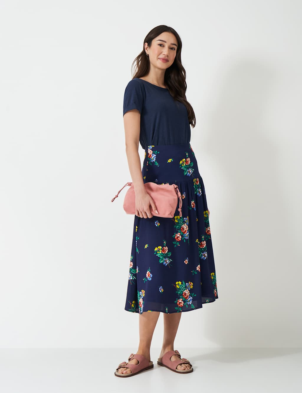 Floral Pleated Midi A-Line Skirt