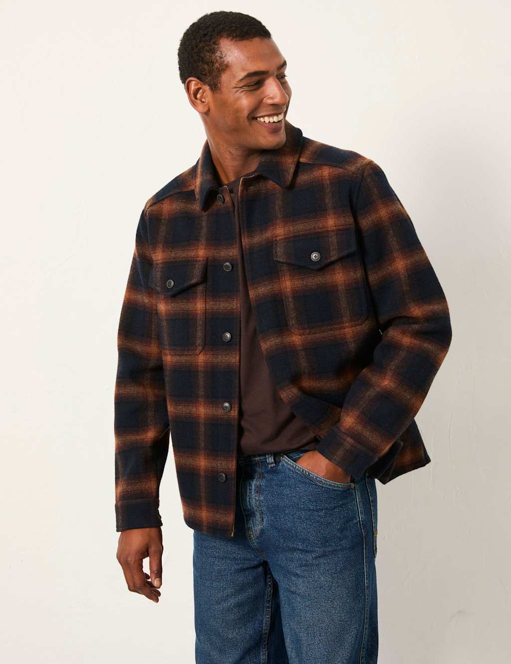 FatFace Regular Fit Wool Rich Checked Overshirt Navy Mix