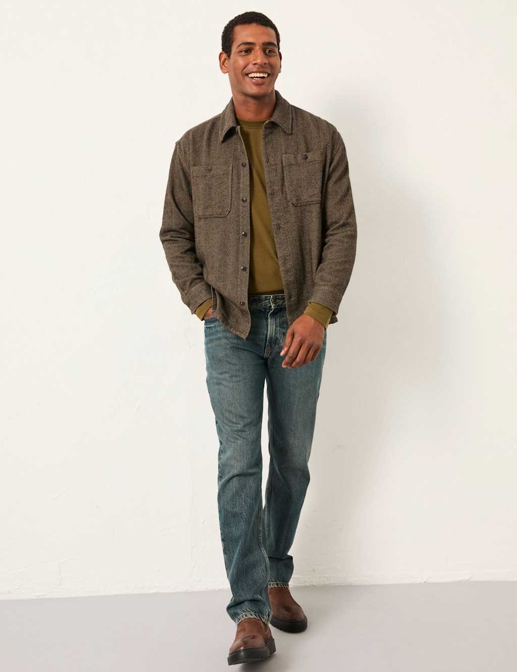 FatFace Regular Fit Pure Cotton Herringbone Overshirt Brown Mix