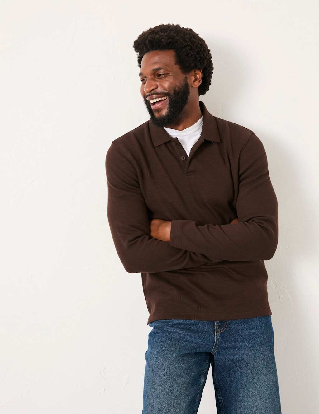 FatFace Cotton Rich Ribbed Long Sleeve Polo Shirt Chocolate