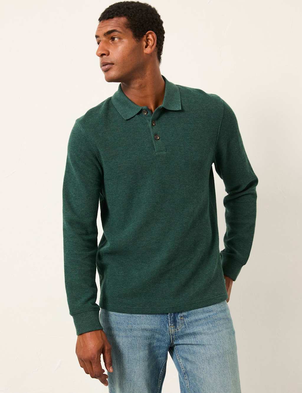 FatFace Cotton Rich Long Sleeve Polo Shirt Green