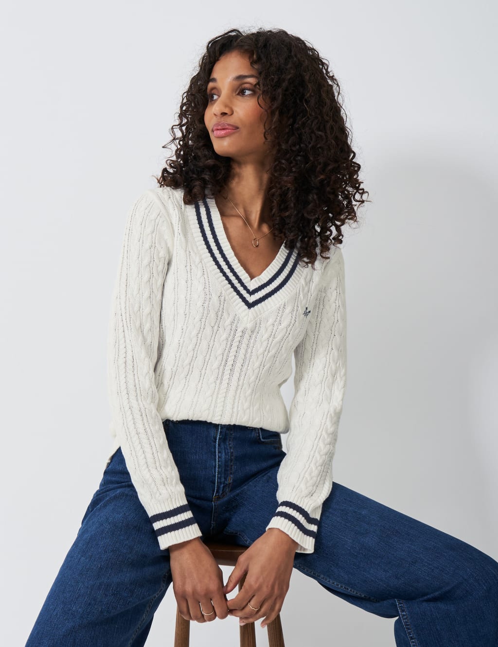 Pure Cotton Cable Knit V-Neck Cricket Jumper