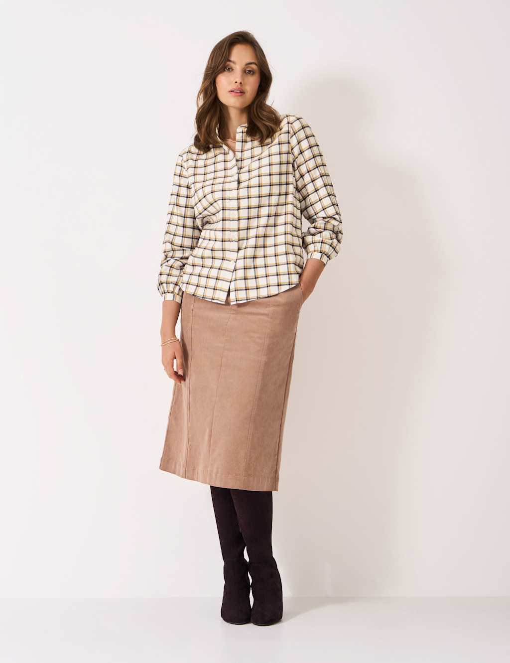 Crew Clothing Pure Cotton Checked Blouse Beige Mix
