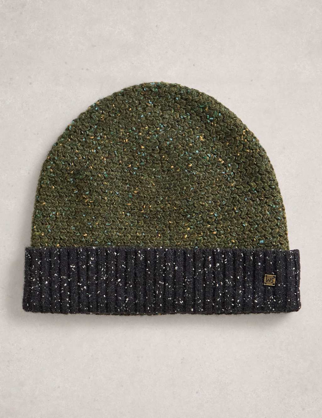 White Stuff Wool Rich Nep Knitted Beanie Hat Green Mix