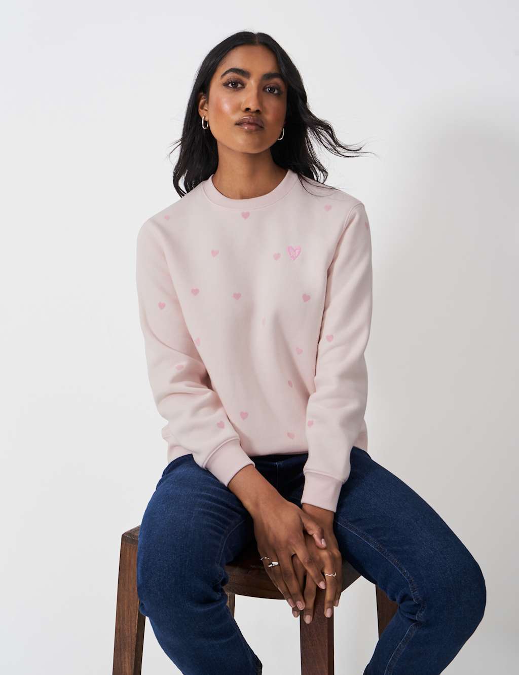 Cotton Rich Heart Print Crew Neck Sweatshirt