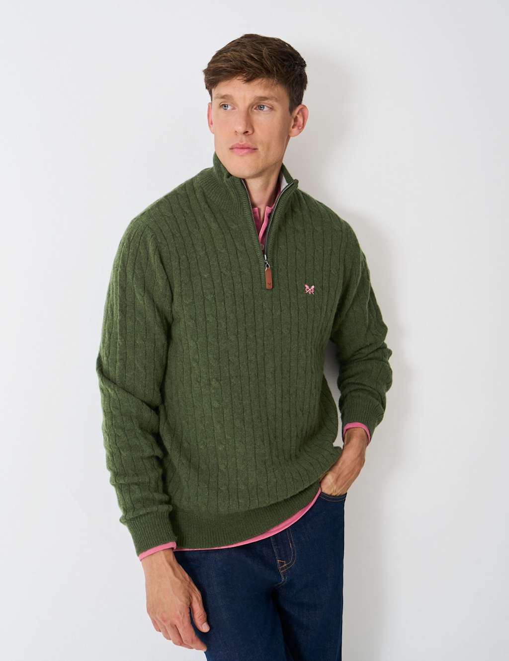Crew Clothing Wool Rich Half Zip Jumper Olive