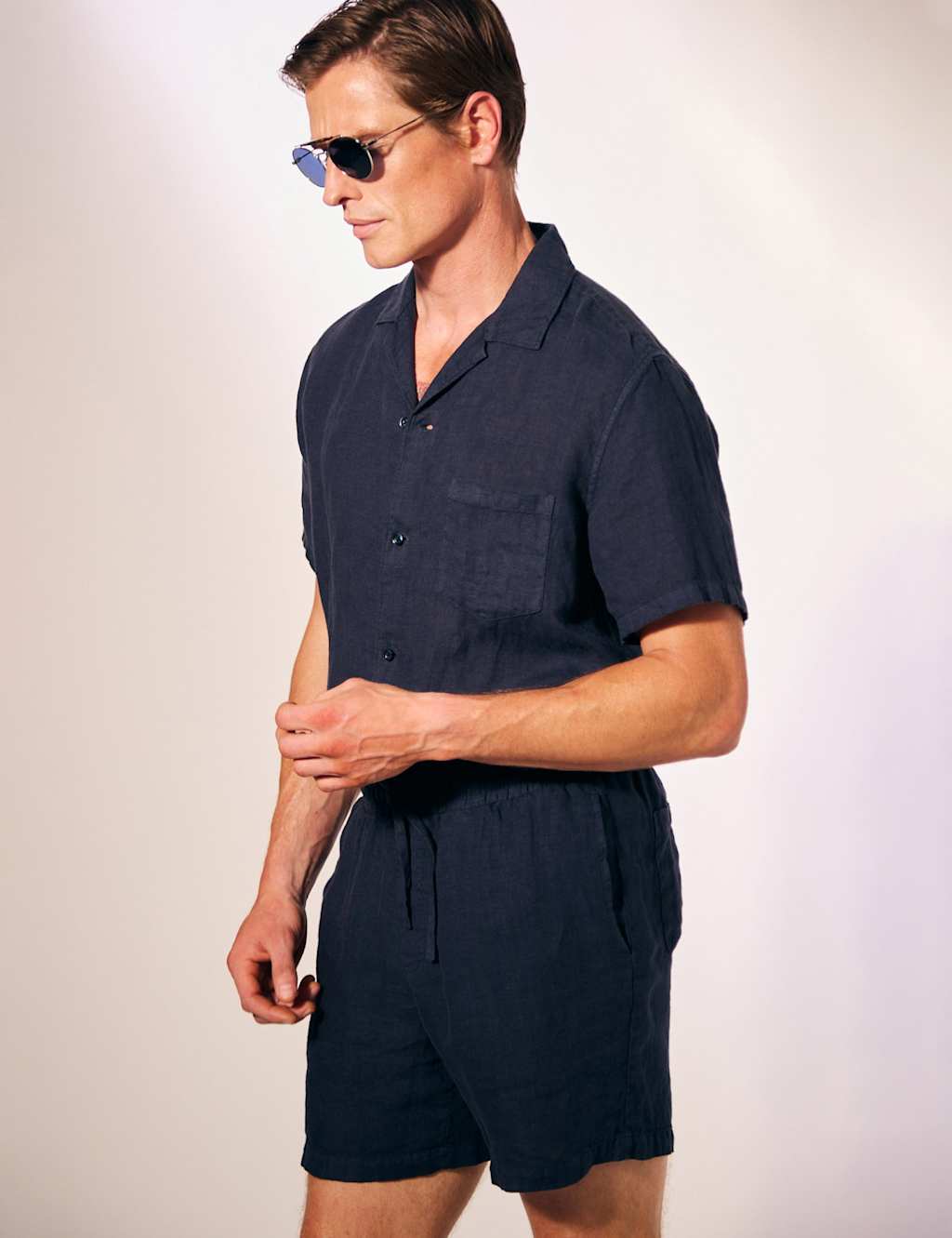 David Gandy Wellwear Men's Pure Linen Lightweight Elasticated Shorts - M - Navy - Available at M&S