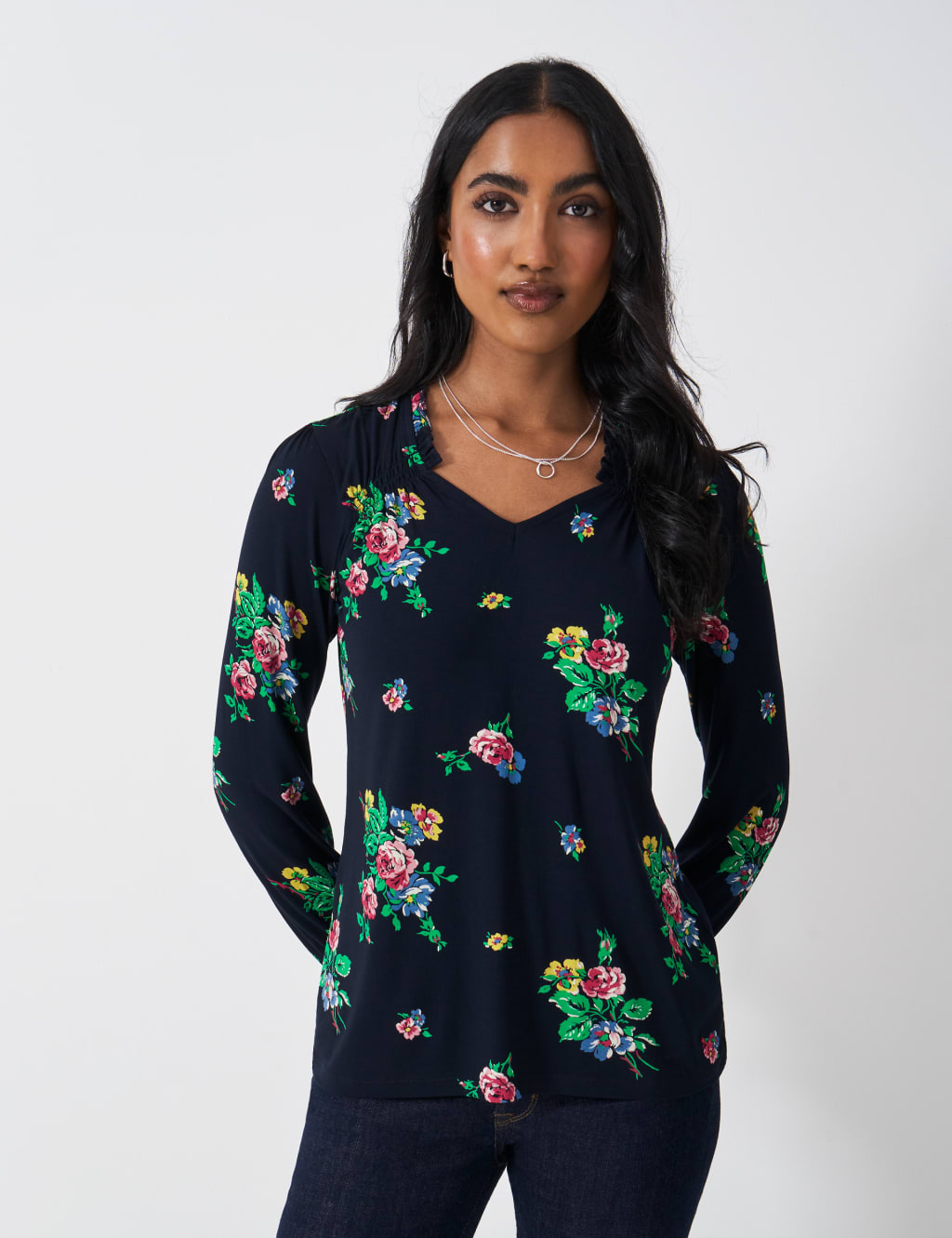 Jersey Floral V-Neck Shirred Detail Top