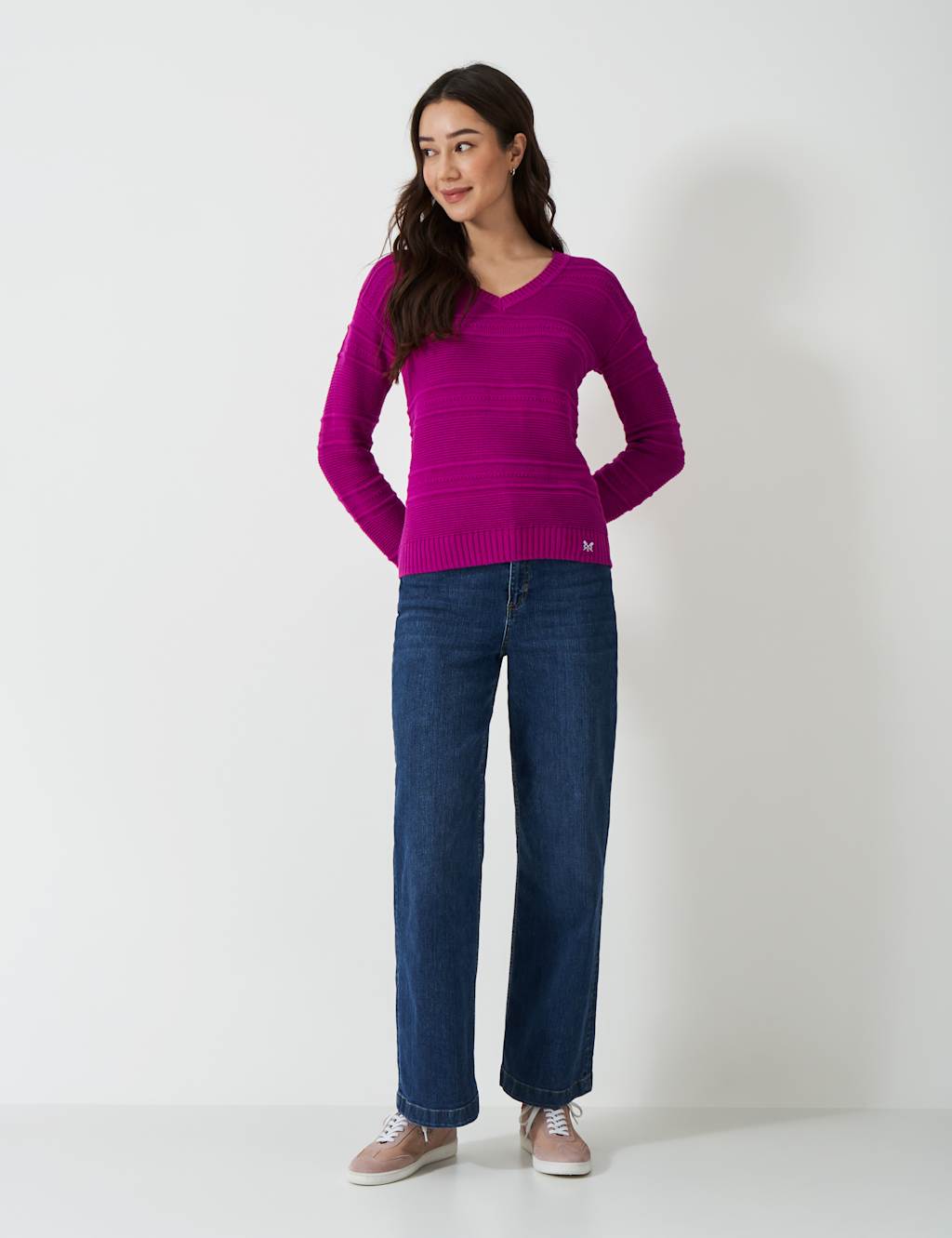 Cotton Blend Textured V-Neck Jumper