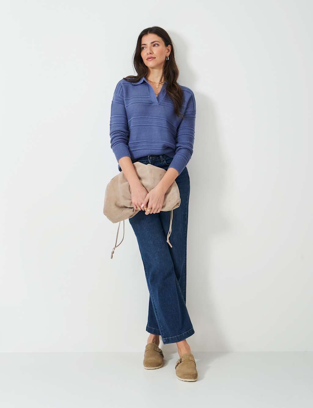 Cotton Blend Textured Collared Jumper