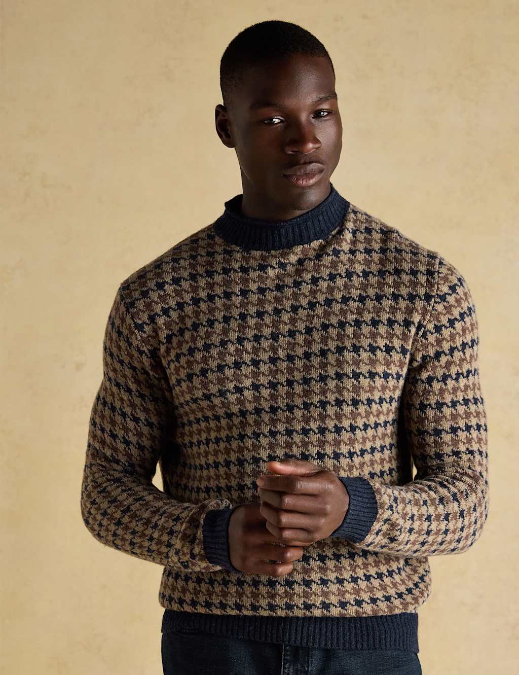 Joules Wool Rich Checked High Neck Jumper Beige Mix