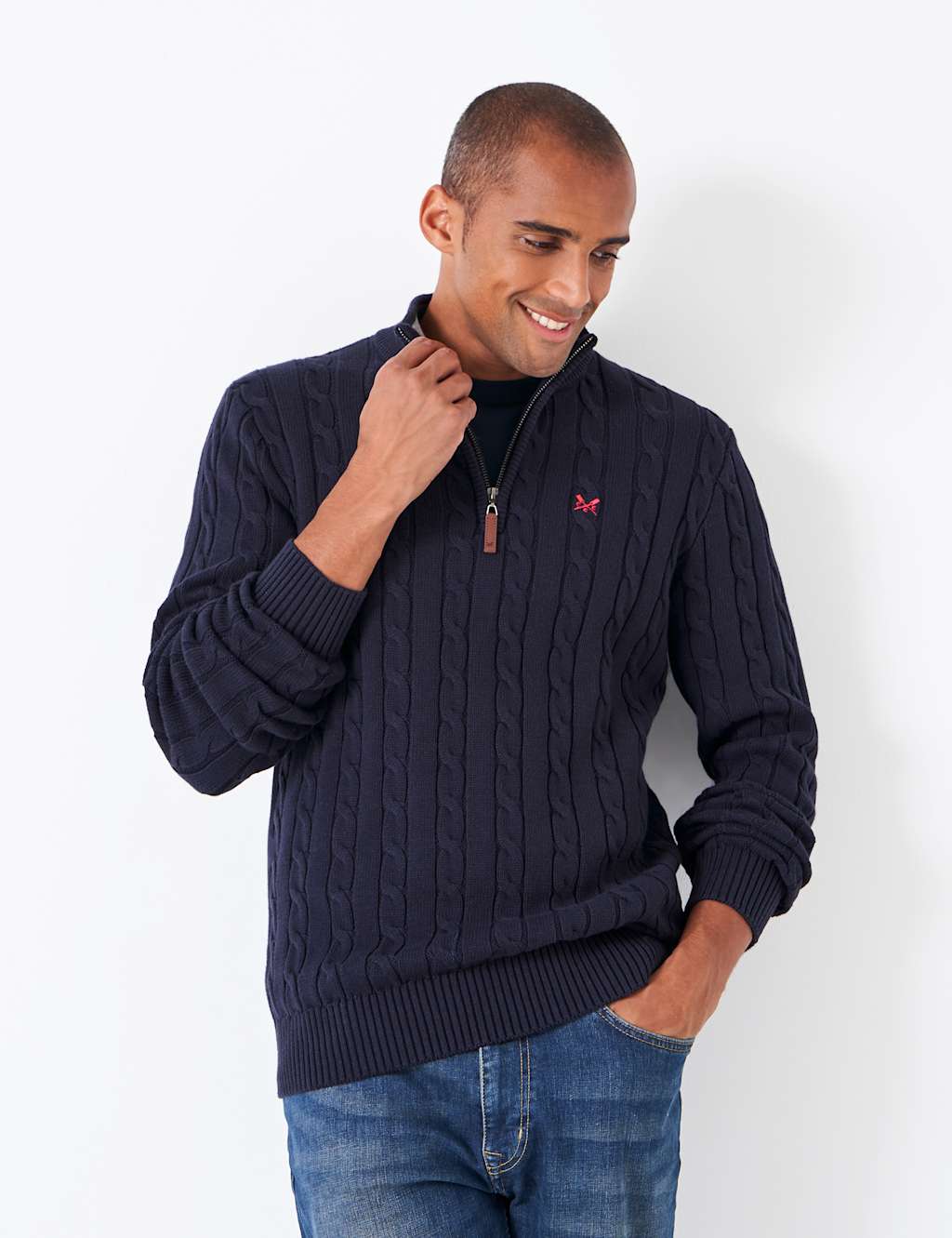Crew Clothing Men's Pure Cotton Cable Half Zip Jumper - S - Dark Navy - Available at M&S