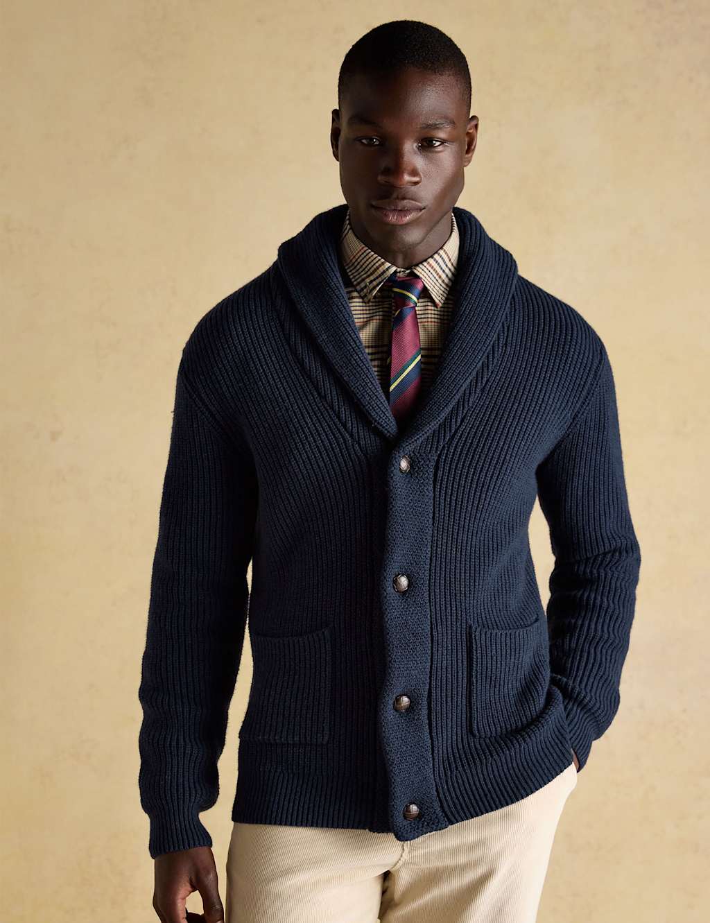 Joules Cotton Rich Shawl Neck Cardigan with Wool Navy