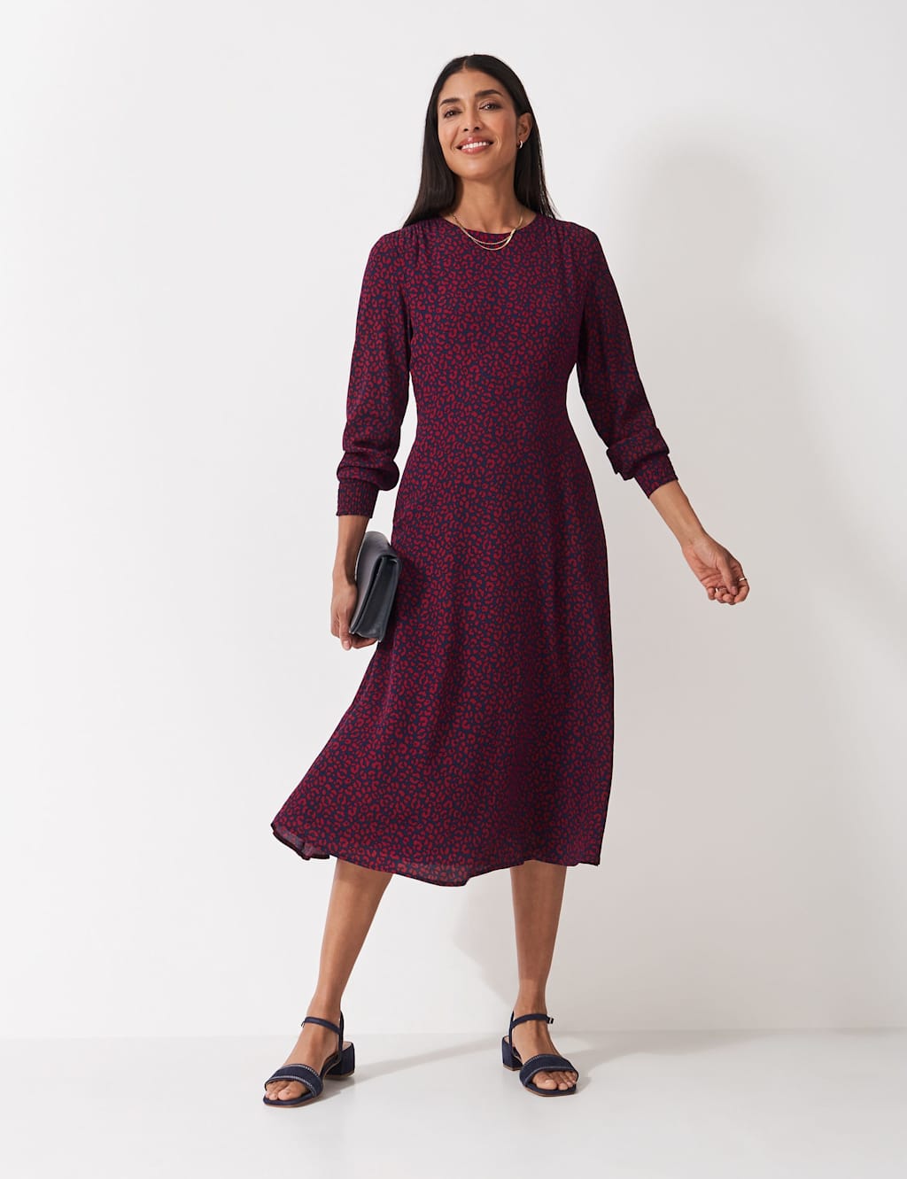 Crew Clothing Animal Print Midi Shirred Dress Berry