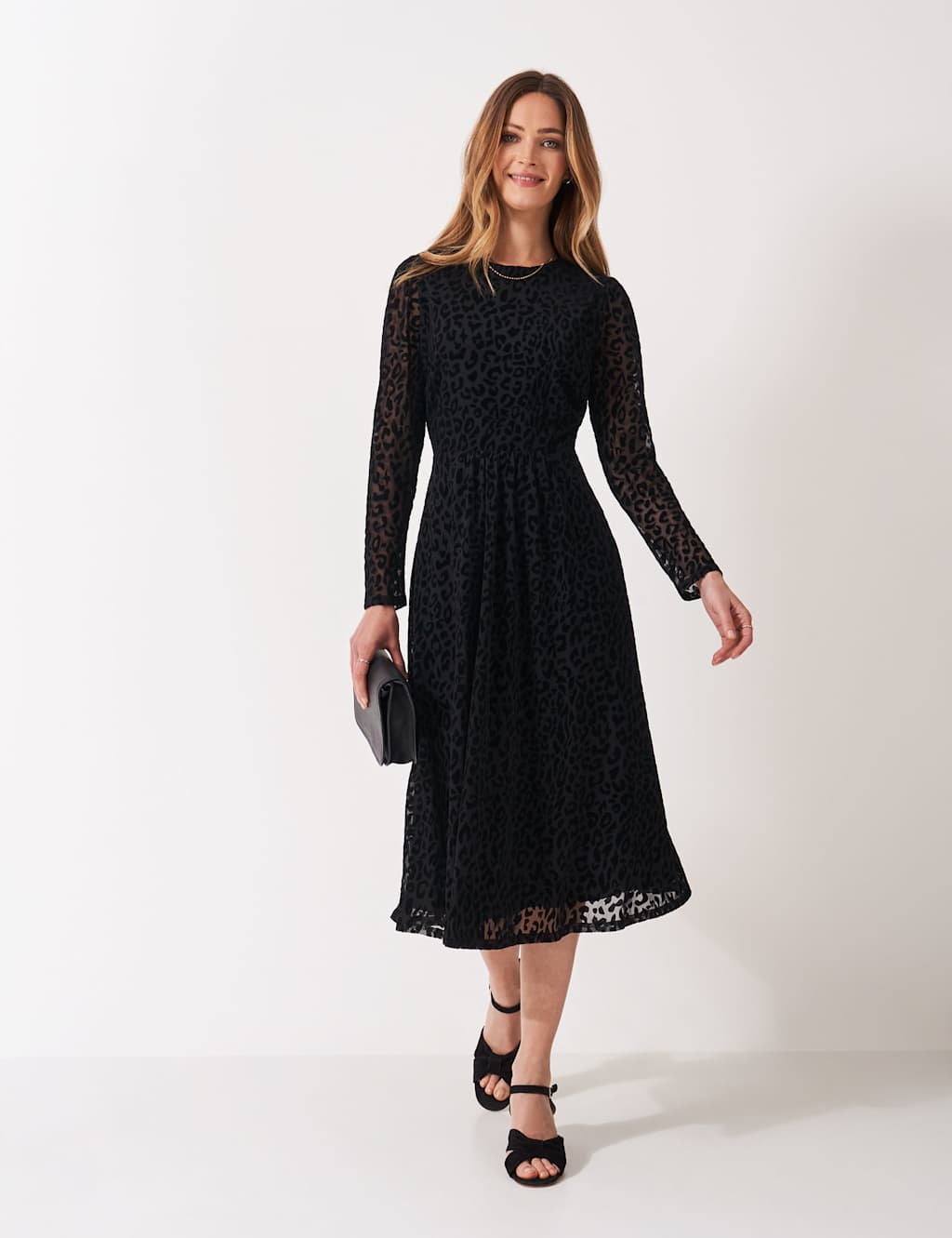 Crew Clothing Mesh Jersey Animal Print Flock Midi Dress Black