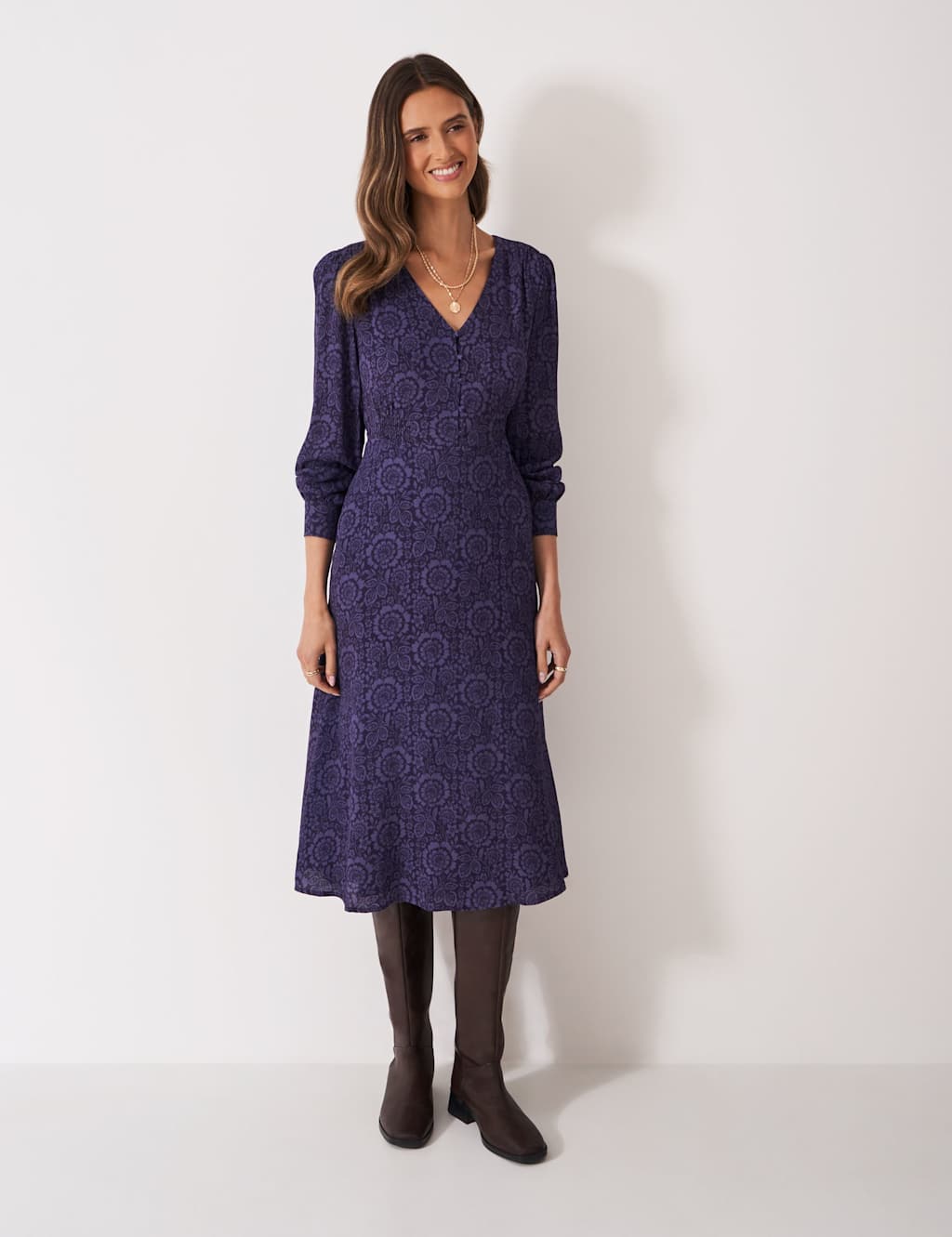 Crew Clothing Floral V-Neck Midi Shirred Tea Dress Purple Mix