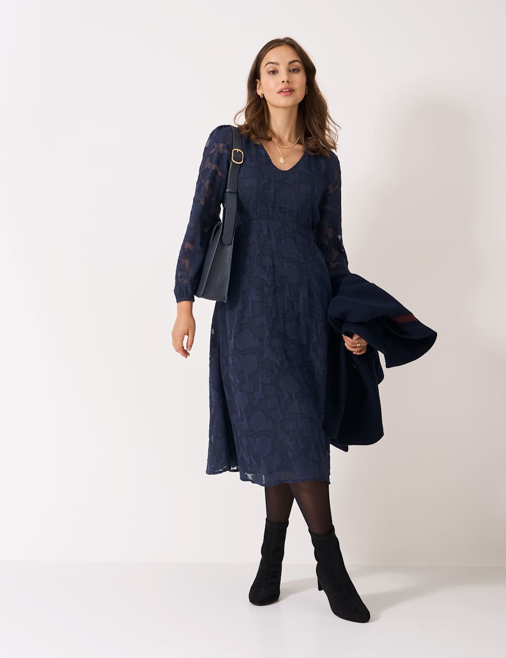 Crew Clothing Women's Floral Jacquard Midi Waisted Dress - 10 - Navy - Available at M&S
