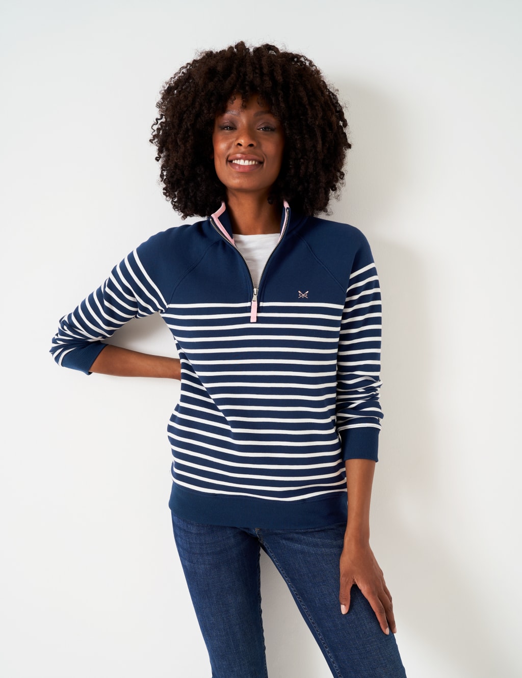 Crew Clothing Women's Cotton Rich Striped Half Zip Sweatshirt - 10 - Blue Mix - Available at M&S