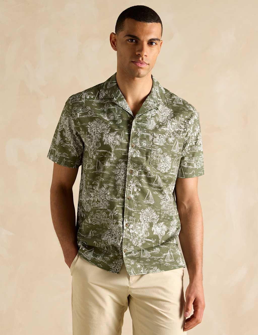 Linen Blend Tropical Print Shirt