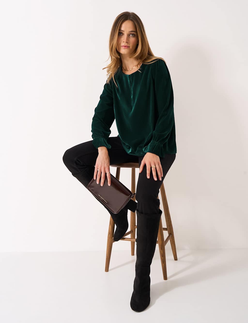 Crew Clothing Velvet Keyhole Detail Blouse Jade
