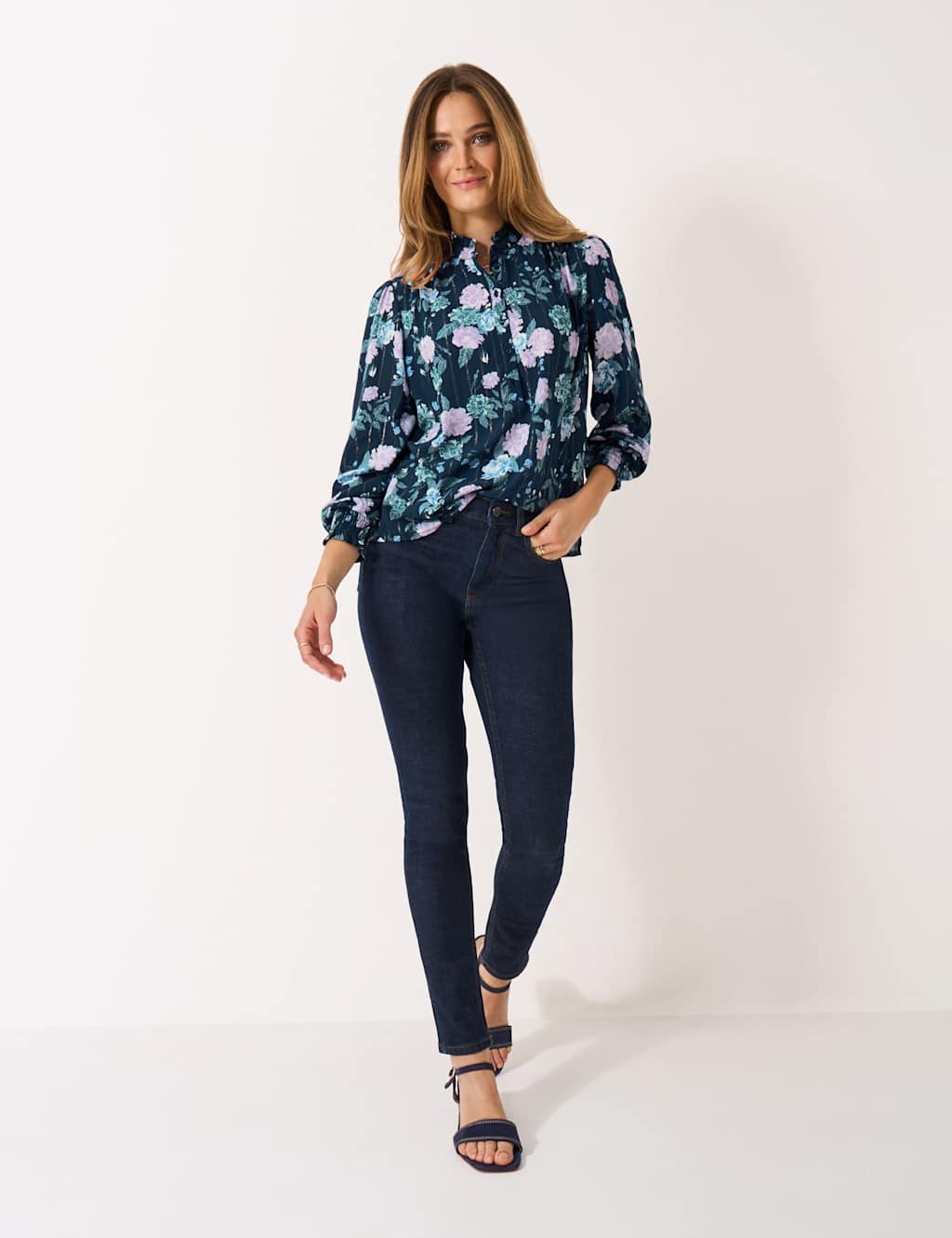 Crew Clothing Metallic Floral Frill Neck Blouse Navy