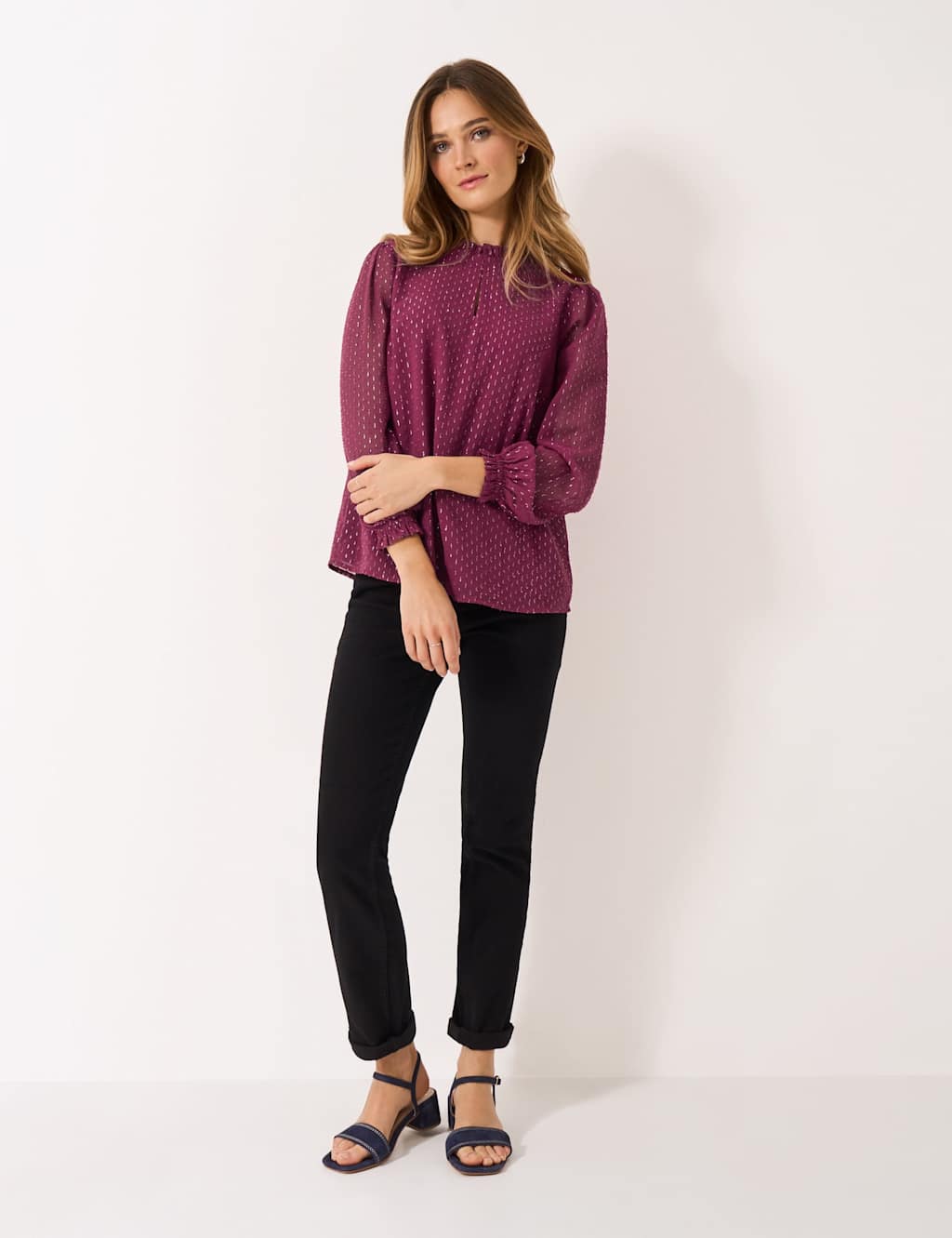 Crew Clothing Metallic Embellished High Neck Blouse Dark Pink