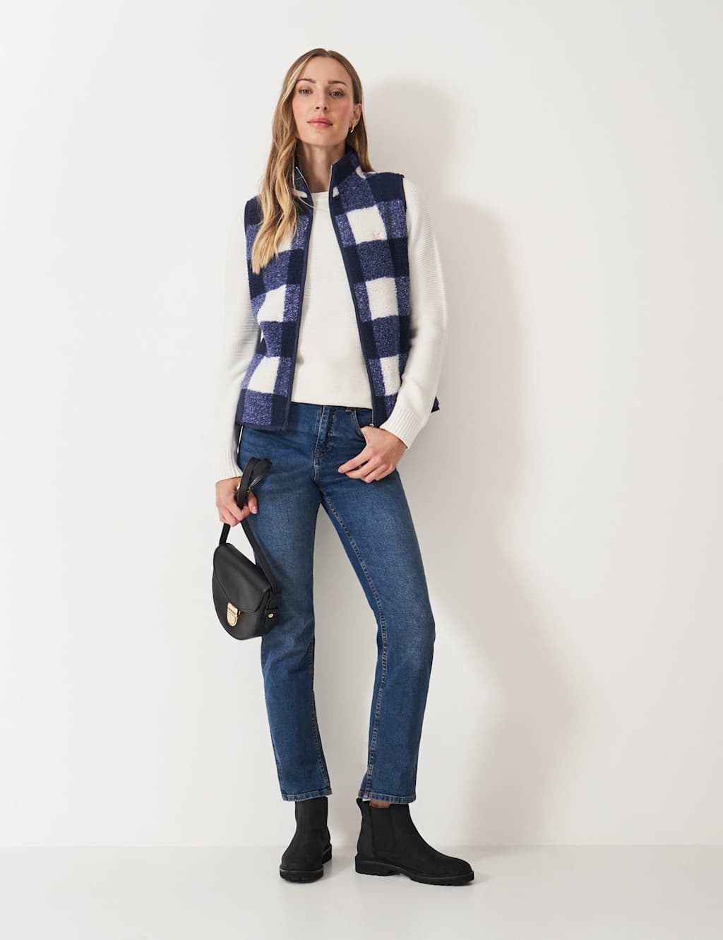 Crew Clothing Checked Funnel Neck Gilet Bright Blue