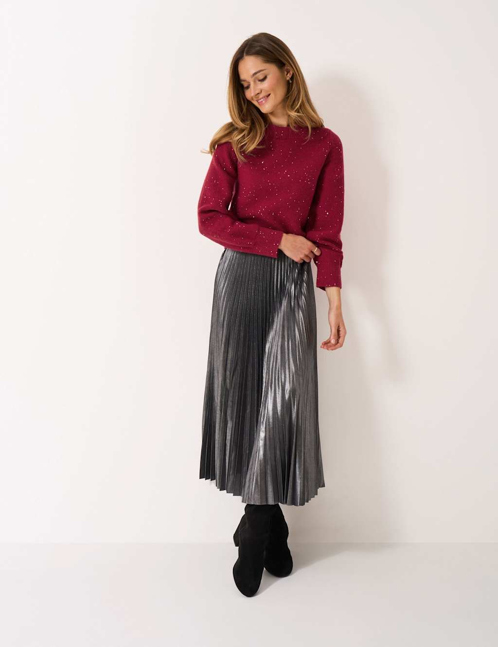 Crew Clothing Sparkly Crew Neck Balloon Sleeve Jumper Dark Red