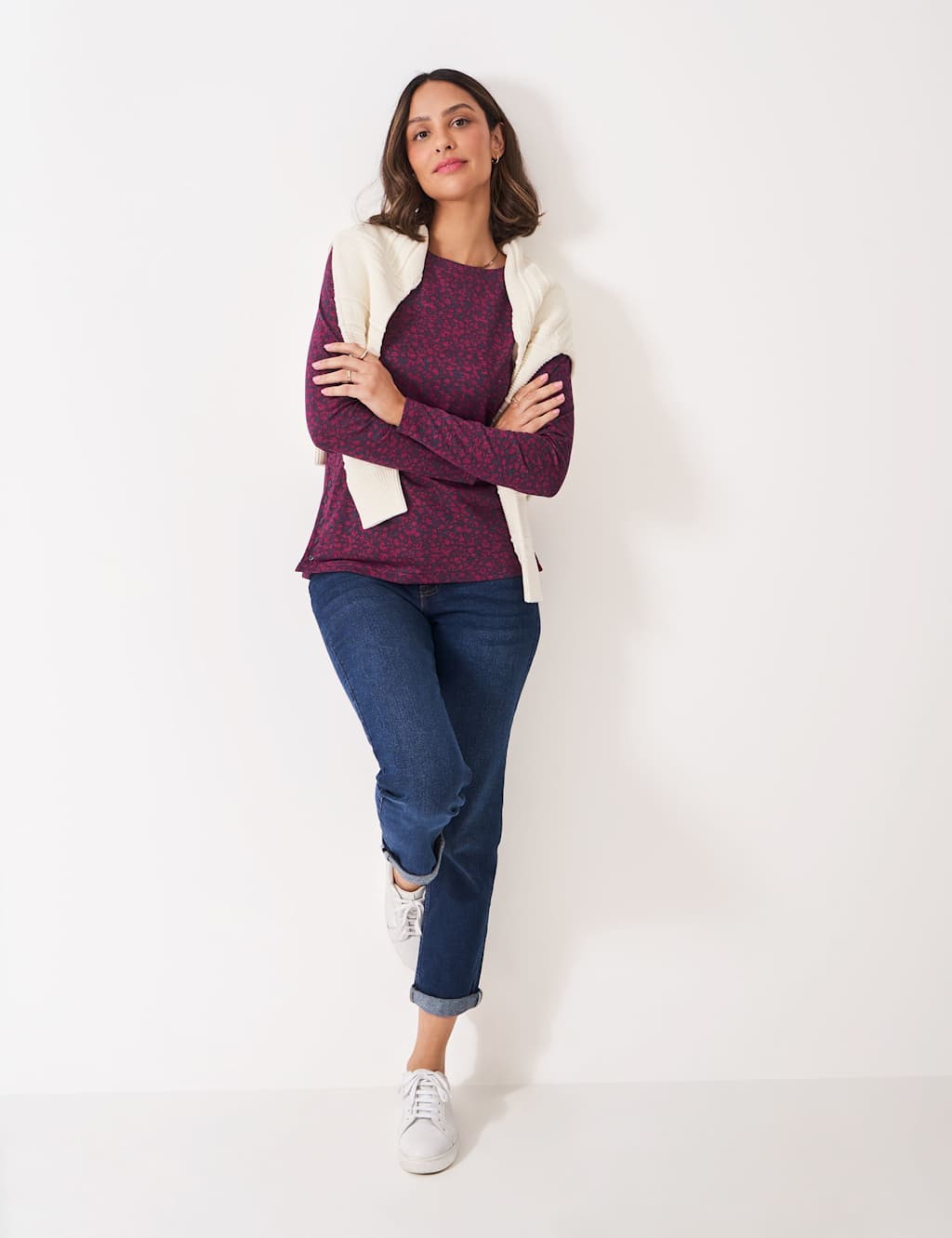 Crew Clothing Pure Cotton Floral Button Detail Top Navy Mix