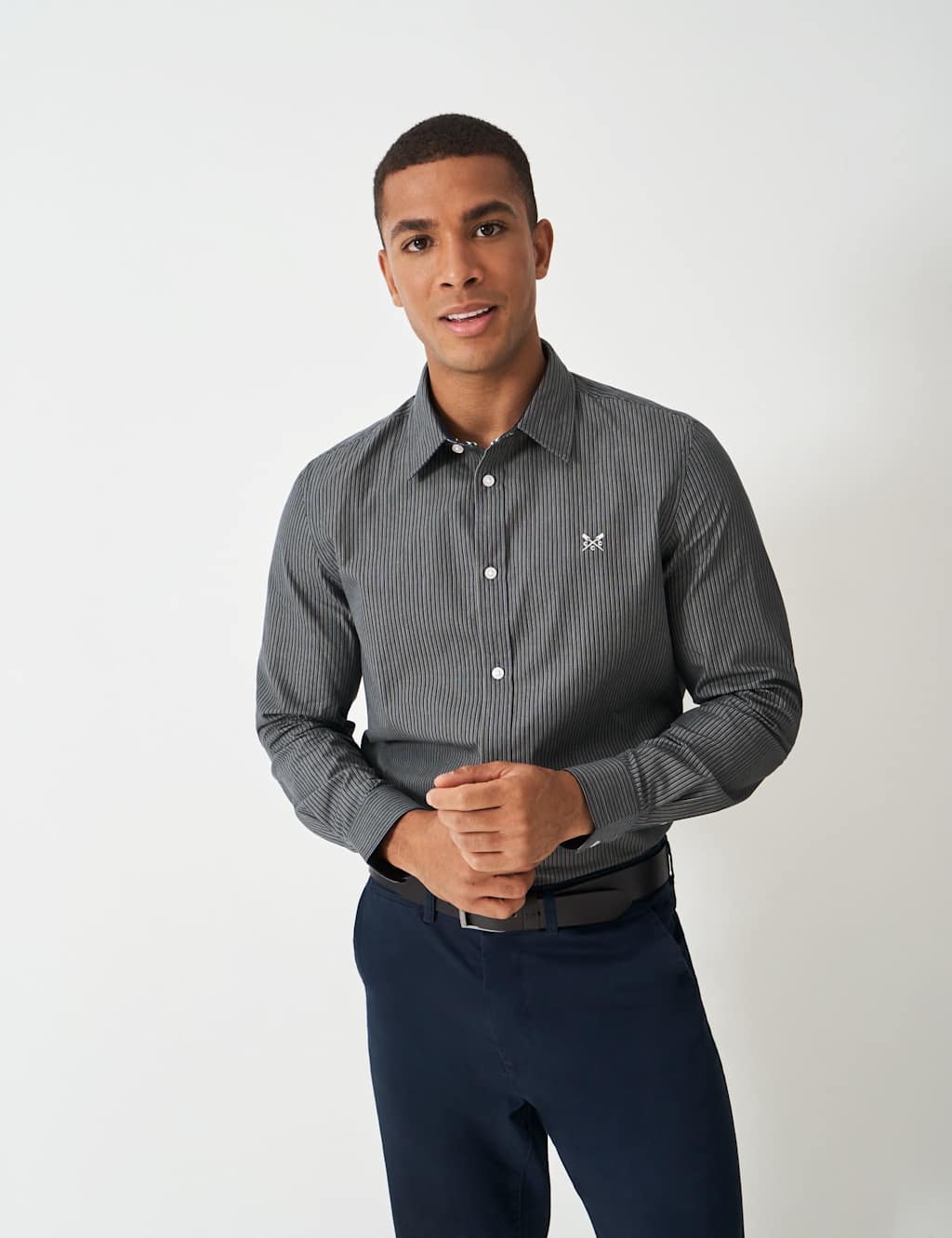 Crew Clothing Pure Cotton Poplin Pinstripe Oxford Shirt Navy Mix