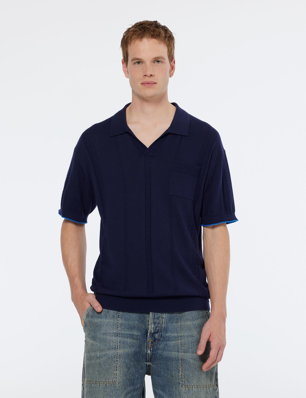 Cotton Blend Knitted Polo Shirt with Linen