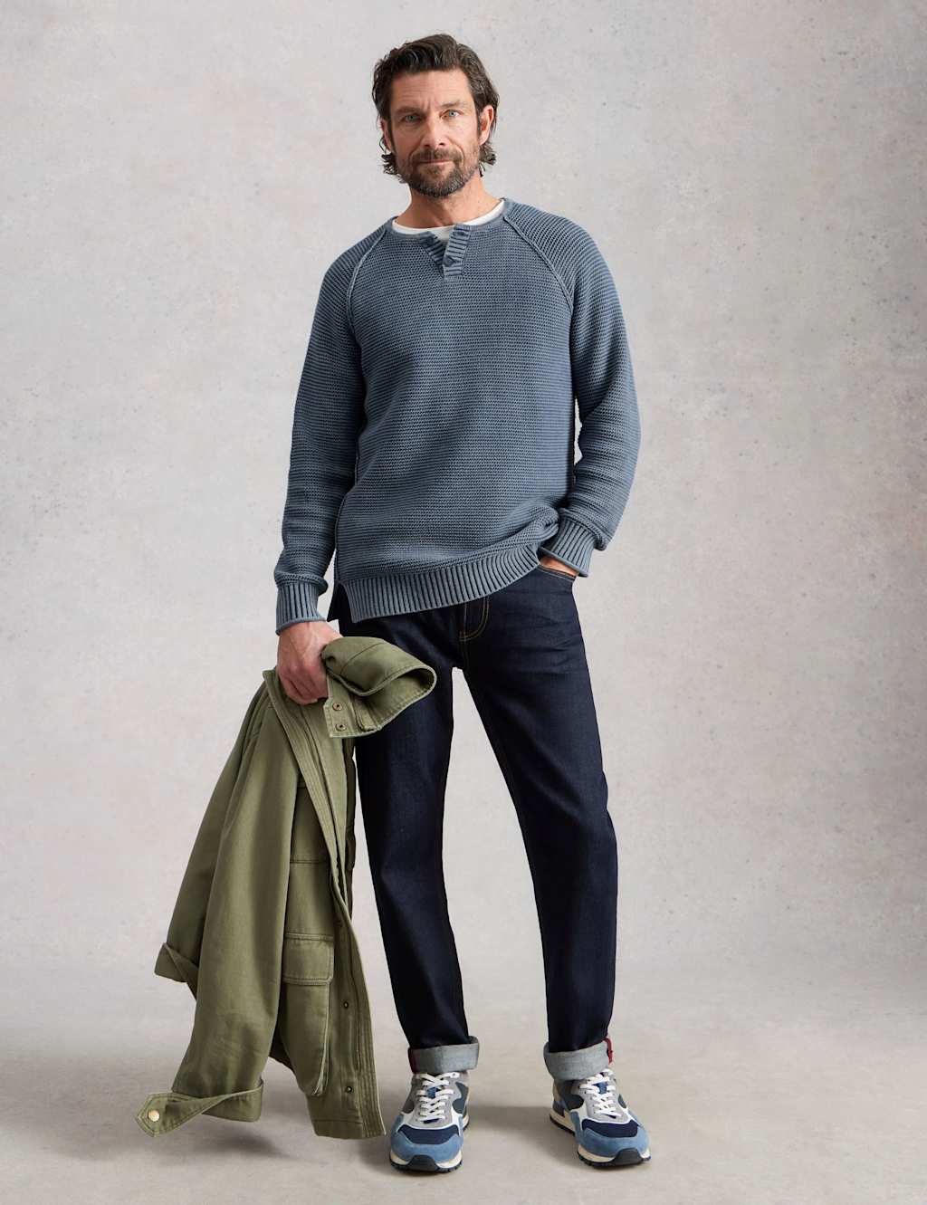 White Stuff Men's Pure Cotton Knitted Henley Jumper - M - Blue - Available at M&S