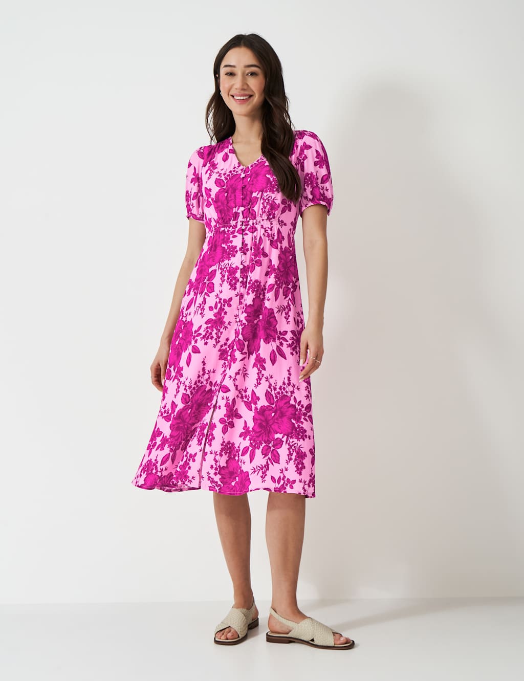 Floral V-Neck Puff Sleeve Midi Tea Dress