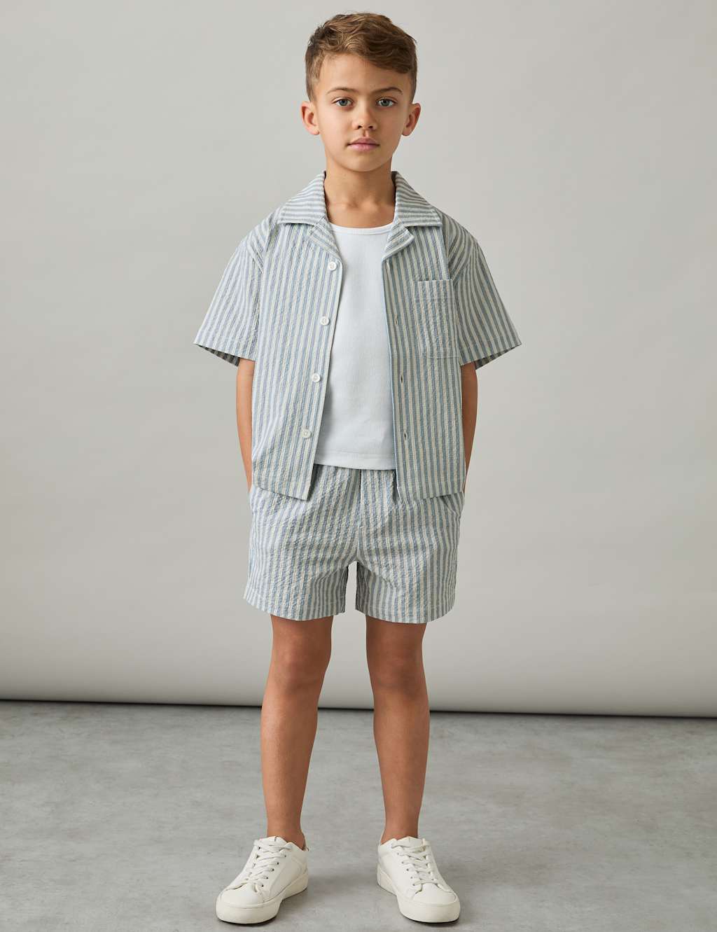 Seersucker Striped Short Sleeve Cuban Shirt (3-14 Yrs)
