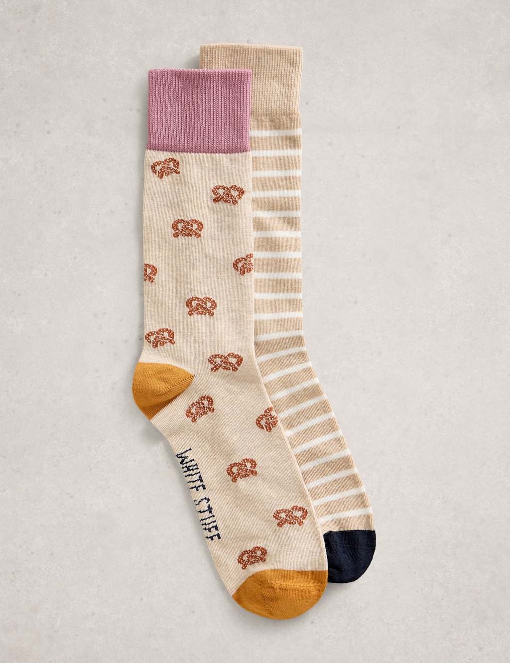 White Stuff Men's 2 Pack Striped Pretzel Cotton Rich Socks - 7-9 - Natural Mix - Available at M&S