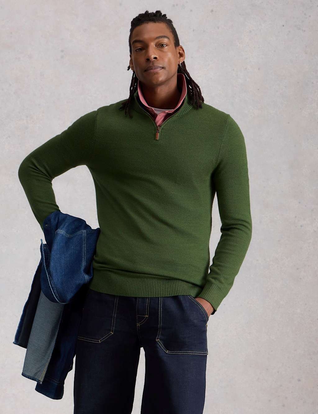 White Stuff Men's Pure Merino Wool Funnel Neck Half Zip Jumper - M - Green - Available at M&S