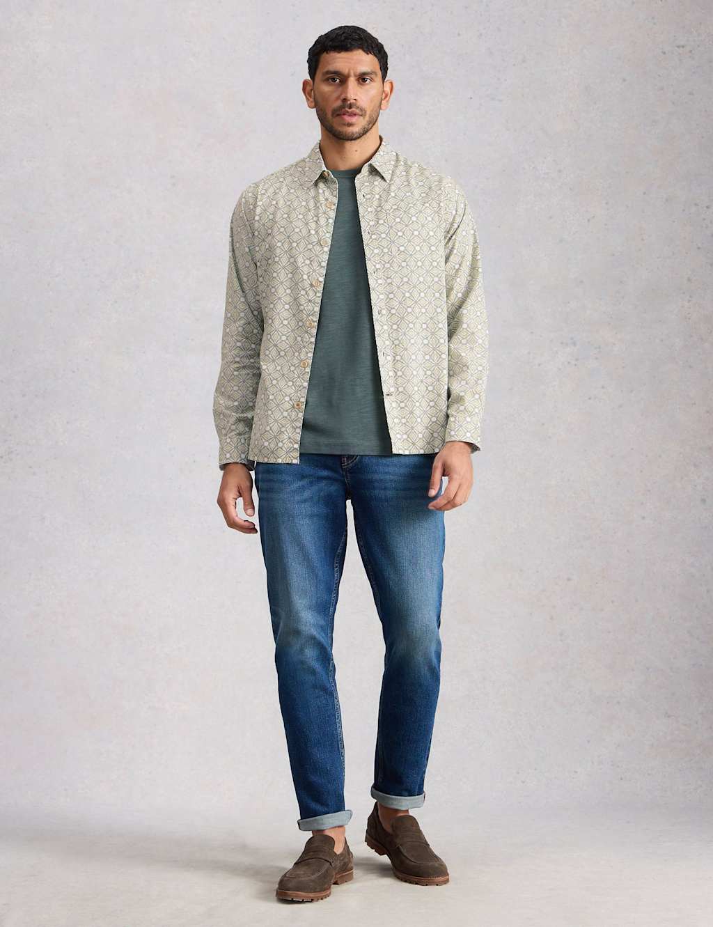 White Stuff Men's Regular Fit Pure Cotton Tile Print Shirt - M - Green Mix - Available at M&S