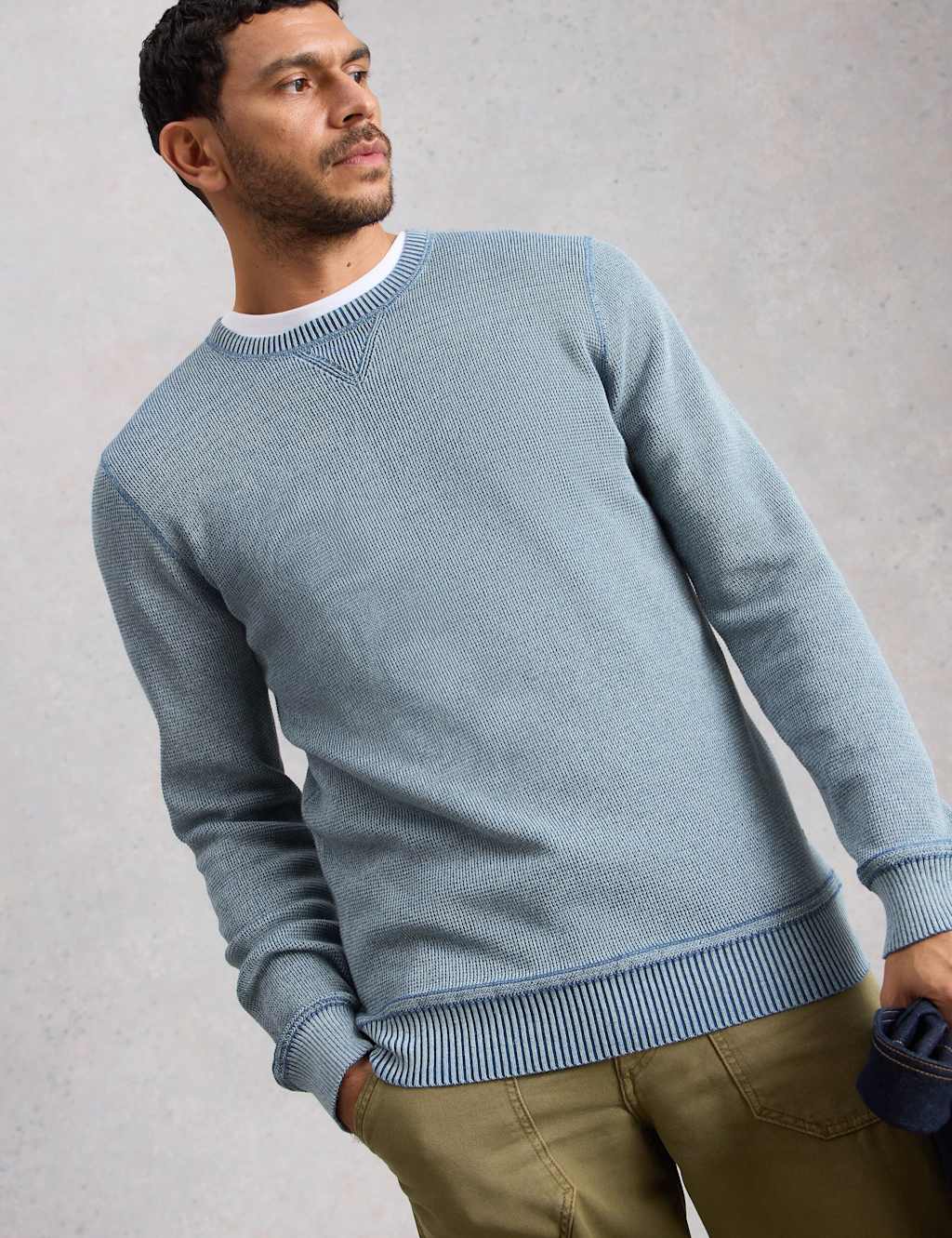 White Stuff Men's Pure Cotton Textured Crew Neck Jumper - M - Blue - Available at M&S