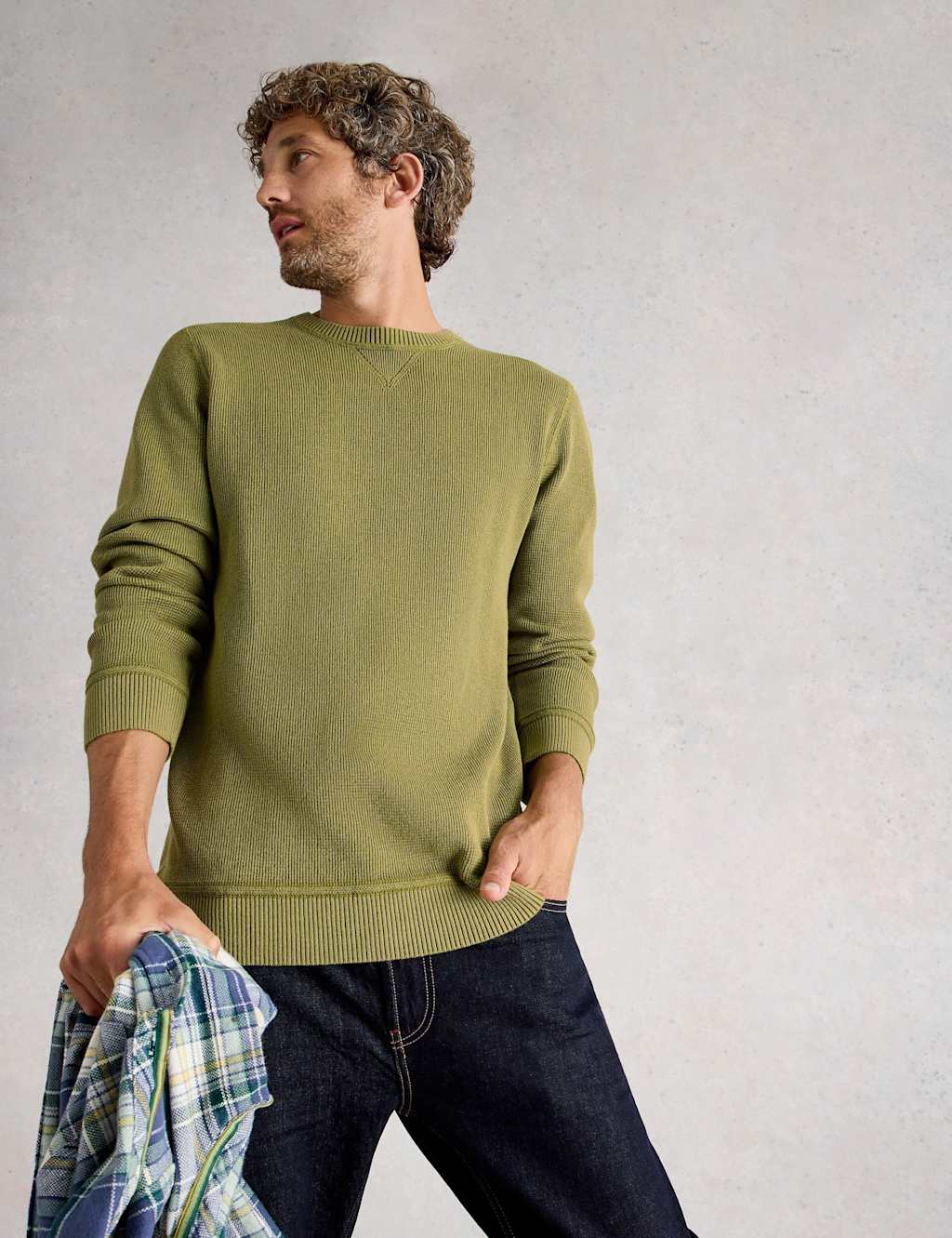 White Stuff Pure Cotton Textured Crew Neck Jumper Green
